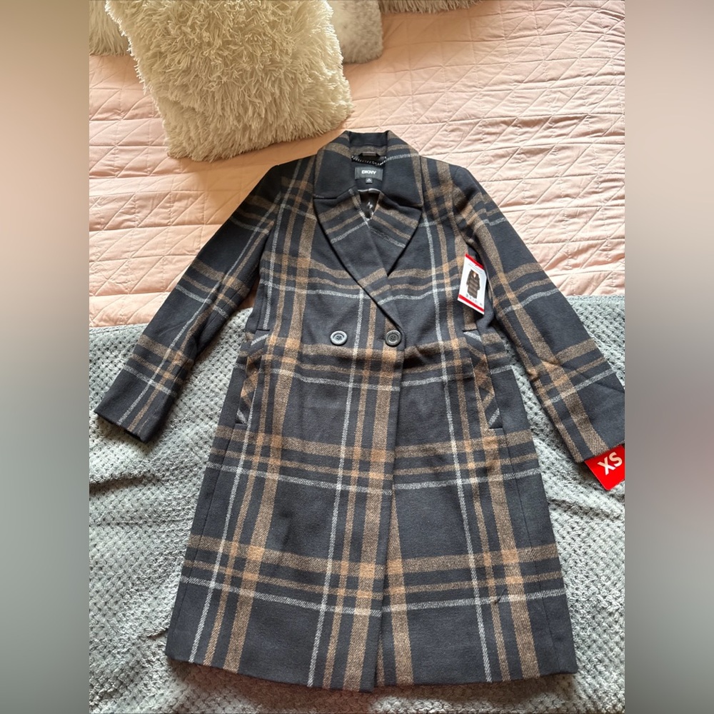 DKNY Women's Faux Wool Notched Lapel Fully Lined Fashion Coat Plaid XS NWT